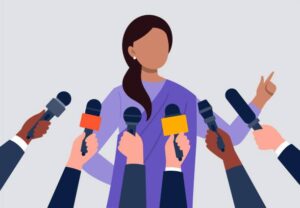 Many hands of journalists with microphones. Flat vector illustration.