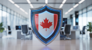 Digital shield protecting a modern Canadian business office, representing cybersecurity consulting services.