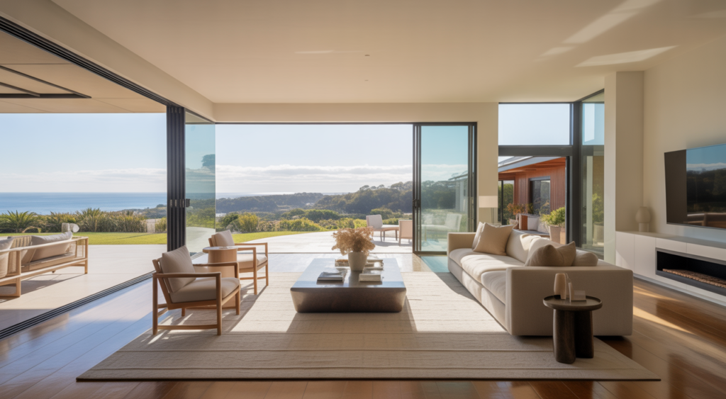 Luxurious open-plan living room in a renovated Dee Why home with coastal views, featuring modern design and high-end finishes.
