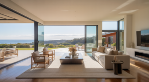 Luxurious open-plan living room in a renovated Dee Why home with coastal views, featuring modern design and high-end finishes.