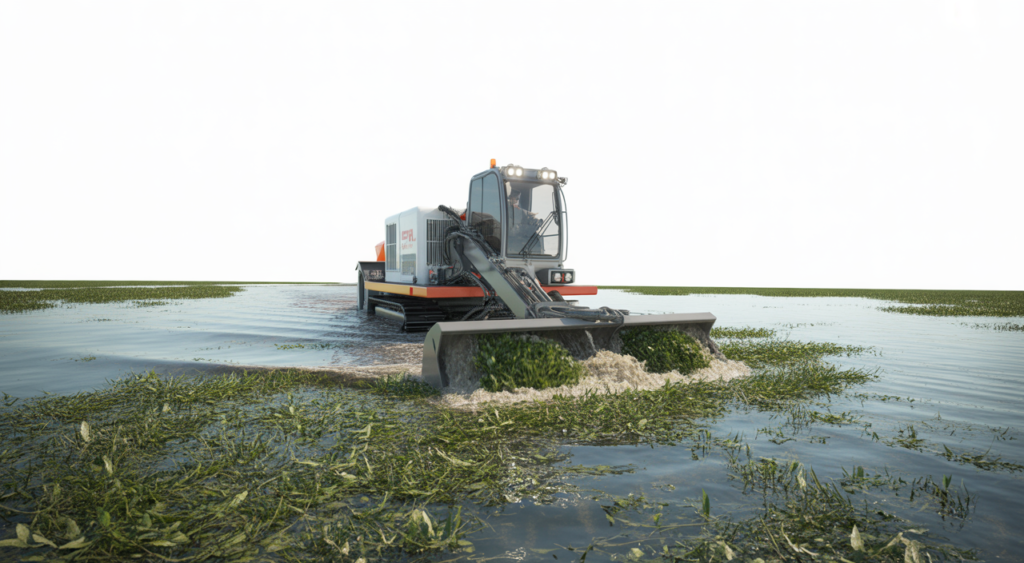 A specialized vegetation dredge machine actively removing dense aquatic plants from a clear waterway, showcasing restoration.