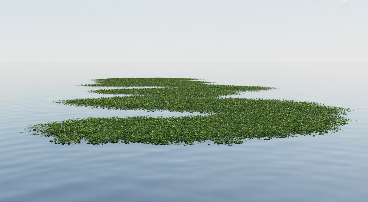Vegetation dredge actively removing aquatic plants from a waterway