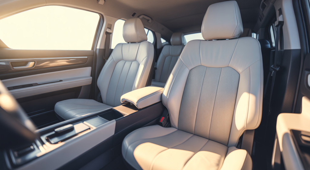 Pristine and fresh car interior after professional cleaning, showing immaculate car seats.