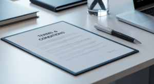 A professional photograph showing a legal document, possibly terms and conditions, on a clean desk with a pen, representing legal agreements and business protection.