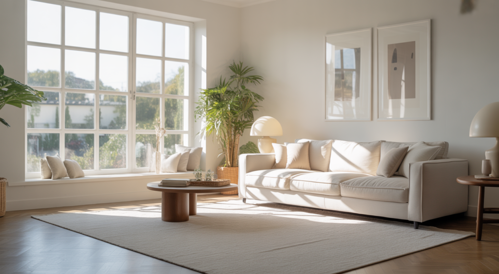 Impeccably clean and bright modern living room, representing a peaceful and relaxed home environment.