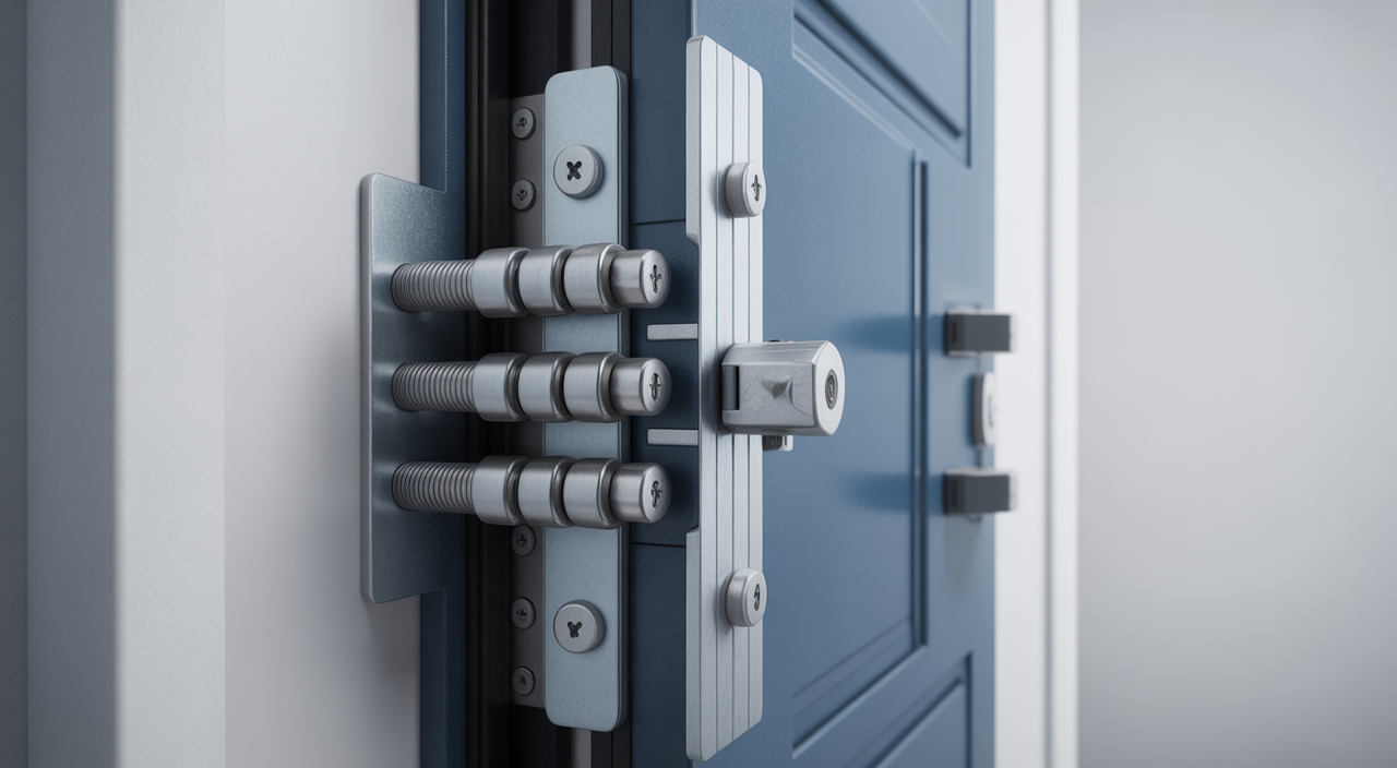 Modern steel security door protecting a home entrance.