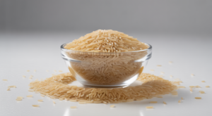 High-quality photorealistic image of fluffy cooked authentic basmati rice with long grains on a white background