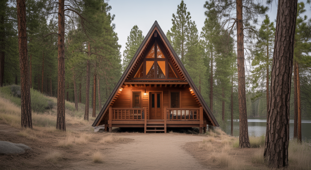 Photorealistic image of a cozy A-frame cabin in a pine forest near Big Bear Lake with warm natural lighting and a steep triangular roof