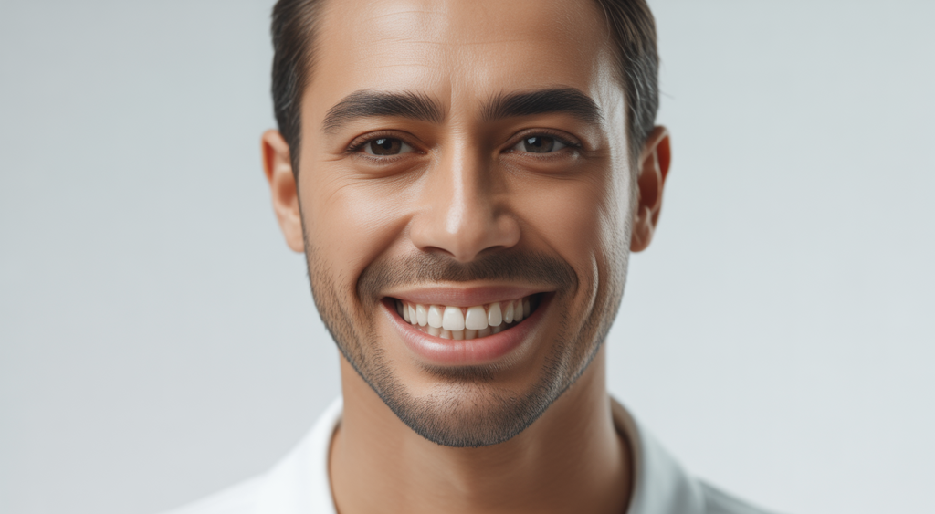 Smiling confident adult with perfect dental veneers showing a bright, flawless smile on white background