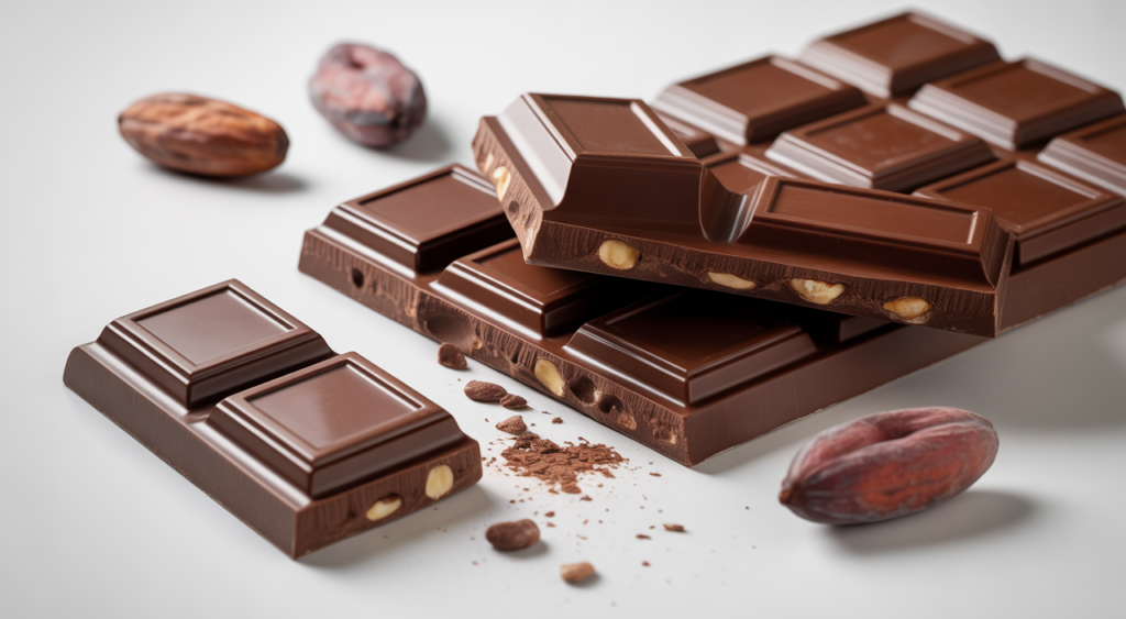 High-quality dark chocolate bar broken into pieces with cacao beans on a white background, representing premium baking chocolate