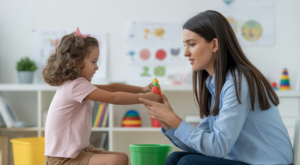 Photorealistic image of a therapist working with a child during an ABA therapy session in a bright, modern clinical setting