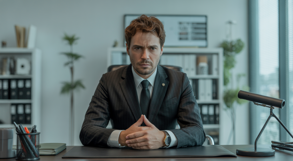 Photorealistic image of a professional motorcycle accident lawyer in a modern office, representing legal expertise in California motorcycle accident cases