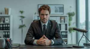 Photorealistic image of a professional motorcycle accident lawyer in a modern office, representing legal expertise in California motorcycle accident cases