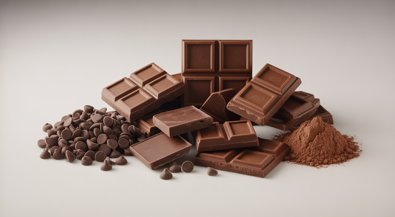 Assortment of various types of baking chocolate, showcasing different forms like bars, chips, and callets, ready for use in baking.