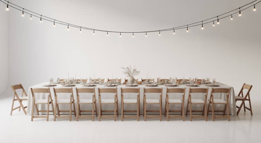 Graduation party rental setup with a dressed long table, folding chairs and a simple centerpiece on a neutral background