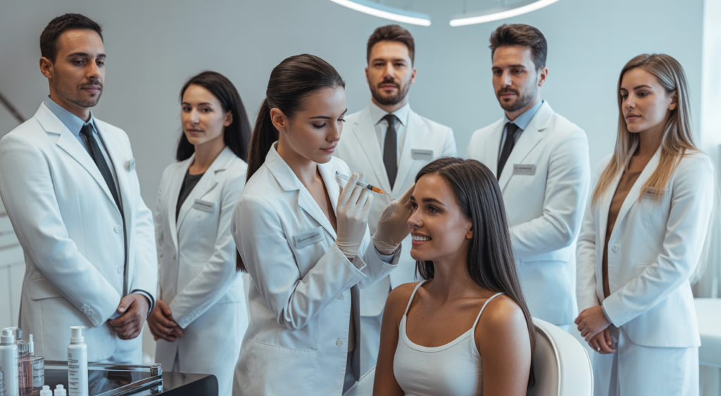 Photorealistic image of a skilled aesthetic injector performing facial balancing treatment on a client in a clean modern MedSpa
