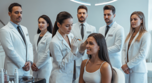 Photorealistic image of a skilled aesthetic injector performing facial balancing treatment on a client in a clean modern MedSpa