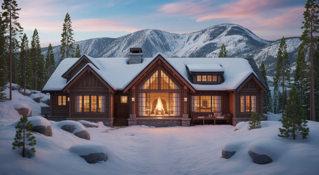 Cozy mountain lodge cabin with glowing fireplace surrounded by snow and pine trees in Big Bear CA