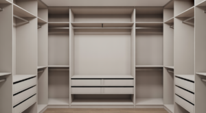 Photorealistic image of a modern, spacious walk in wardrobe with custom storage units and elegant lighting