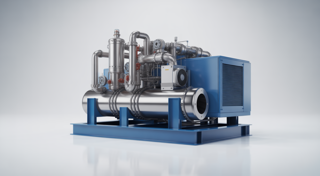 Photo of a modern vapour recovery unit skid with industrial compressors and pipes on a clean white background