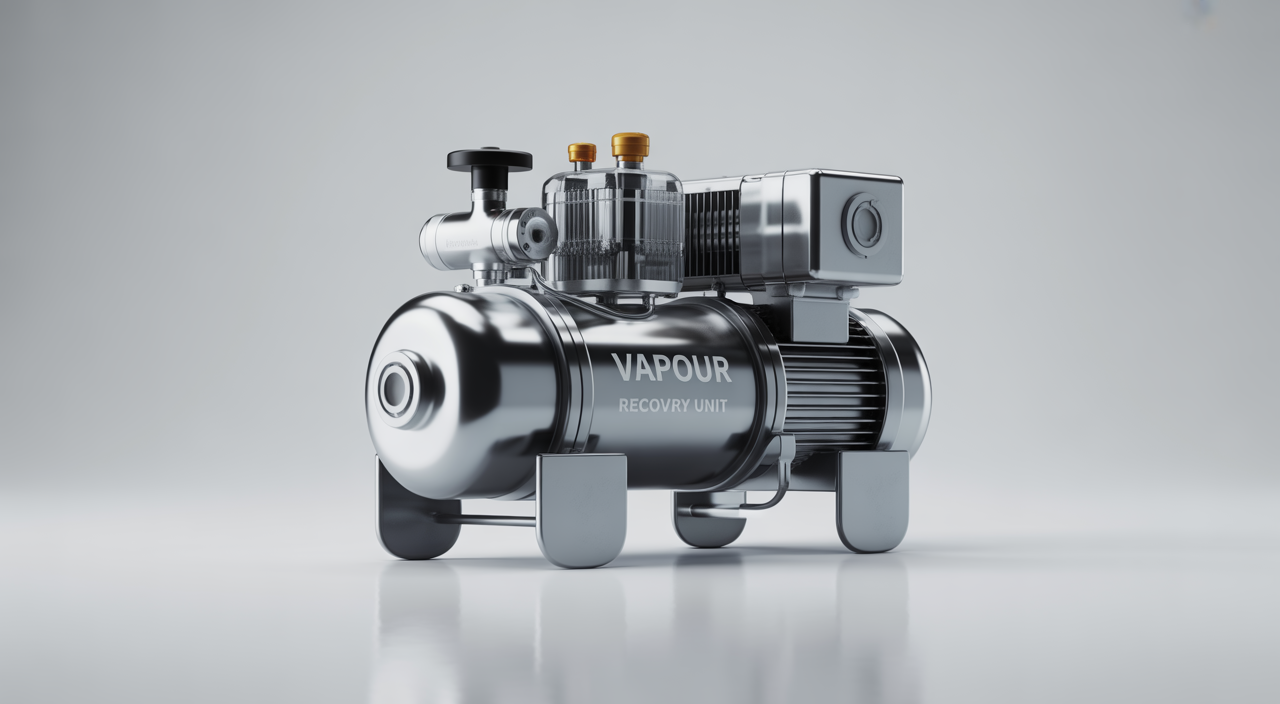 Illustration of a vapour recovery unit showing how hydrocarbon vapours are captured and returned to the product stream