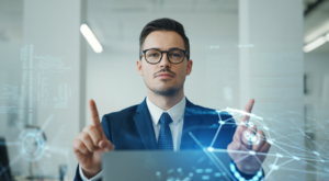 Professional cybersecurity consultant working in a modern office setting representing cybersecurity consulting in Canada