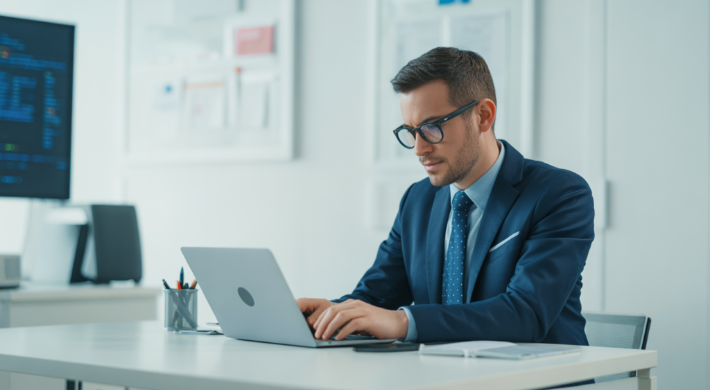 Photorealistic image of a professional cybersecurity consultant working on a laptop in a modern office with a clean white background