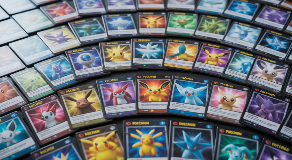 High-quality photograph of legendary Pokémon cards showcasing rare holographic and rainbow rare foils on a white background