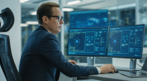 Photorealistic image of a cybersecurity consultant at work with multiple computer screens showing security data, clean white background