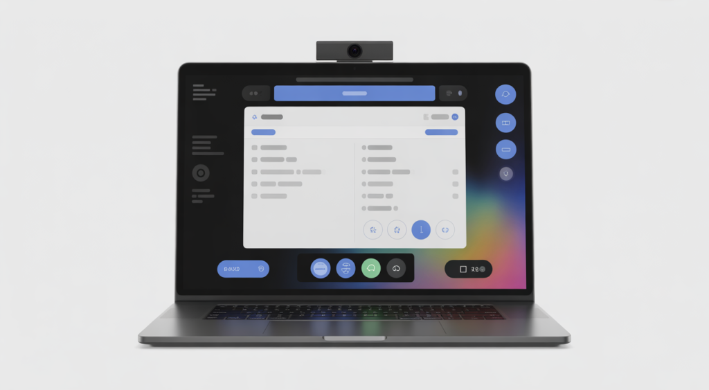 High-quality professional photograph of a laptop showing an online exam interface with active webcam for AI remote proctoring on a clean white background