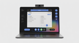 High-quality professional photograph of a laptop showing an online exam interface with active webcam for AI remote proctoring on a clean white background